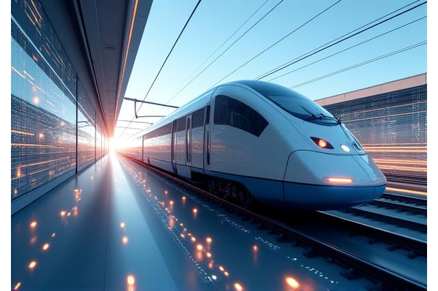 Moderní vlak projíždějící digitální krajinou, symbolizující digitalizaci železnice
