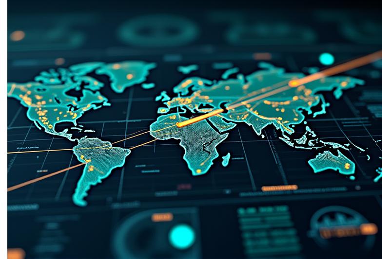 Diagram nebo animovaná mapa zobrazující data v reálném čase a grafy prediktivní analýzy údržby pro vlakovou soupravu.